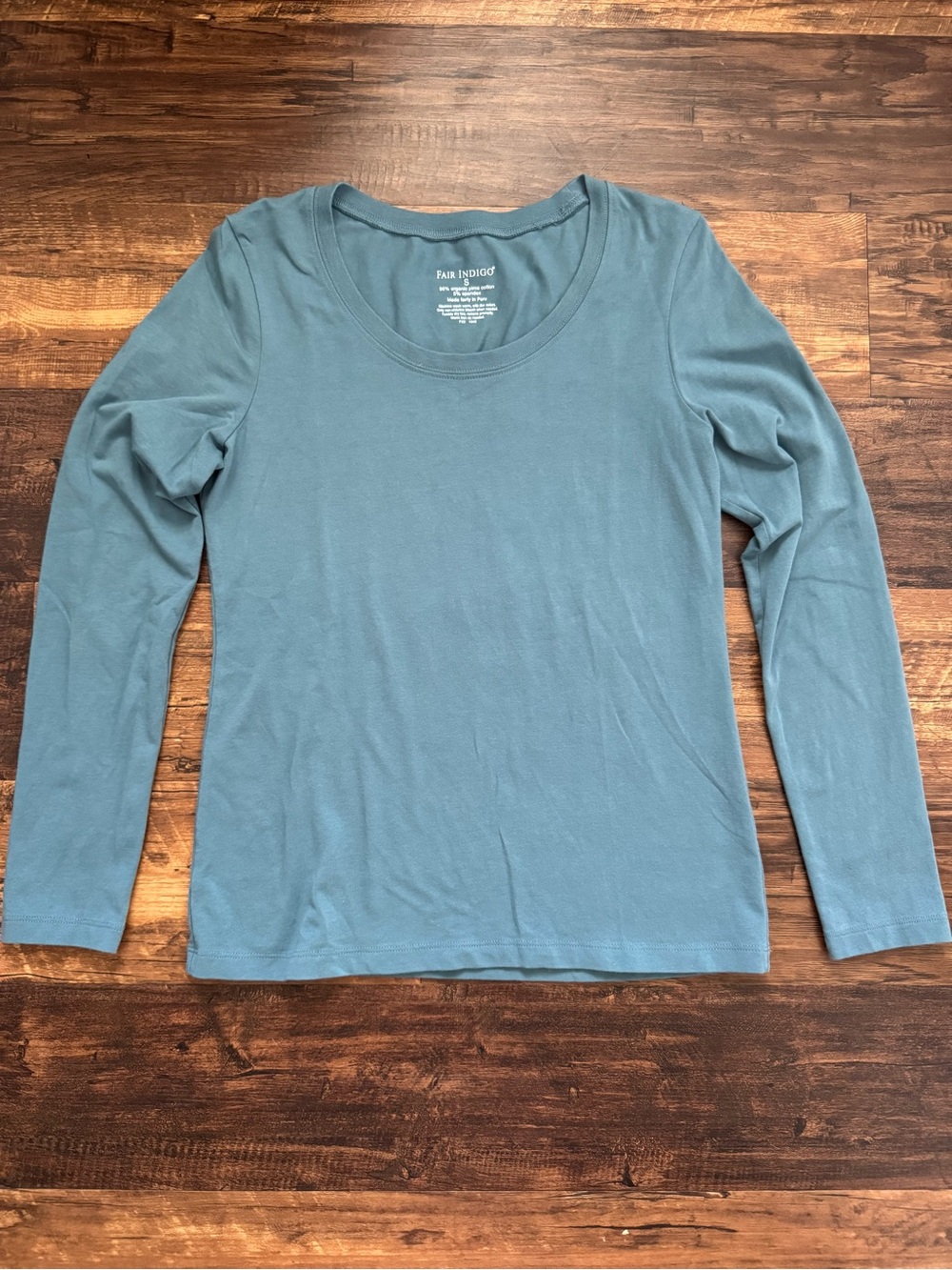 Fair Indigo Long Sleeve Scoop Neck Tee in Dusty Teal 95% organic Pima cotton